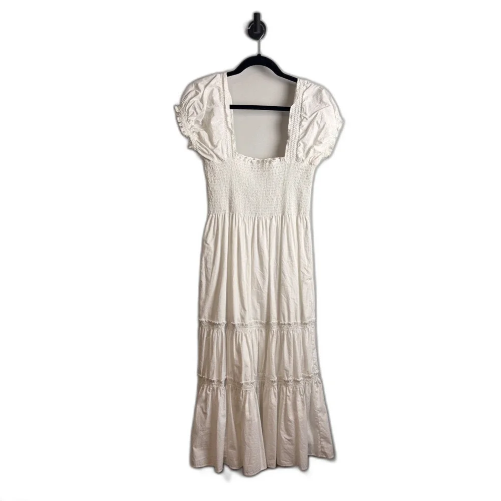 O.P.T Lazy Afternoon Dress White Maxi Medium Smocked Cotton Lined Puff Sleeve - Picture 8 of 15